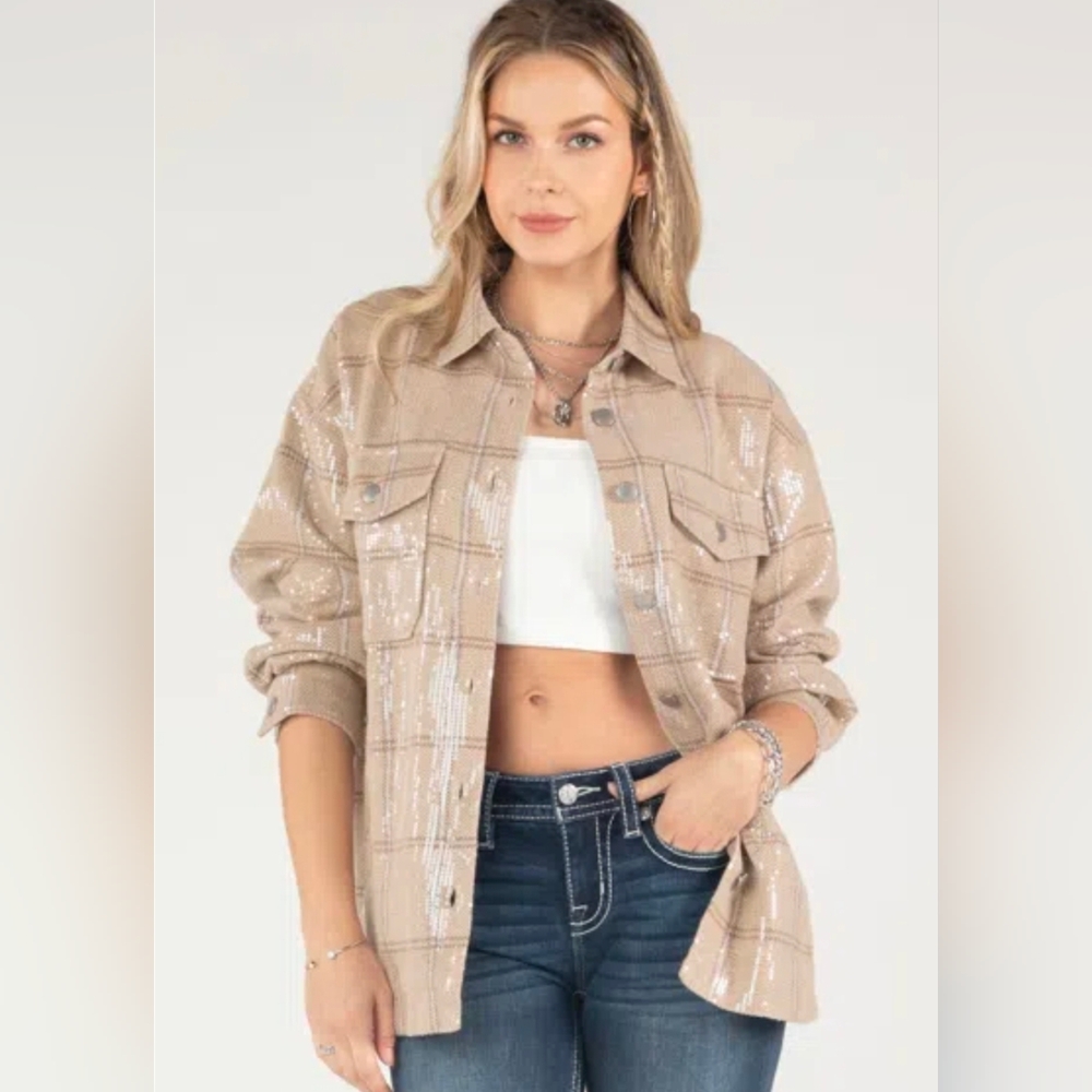 Miss Me Shimmering Sequin Beige Plaid Shacket